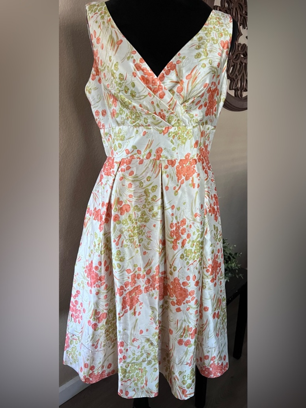 Talbots White Floral Fit-and-Flare Dress with Coral and Green Print